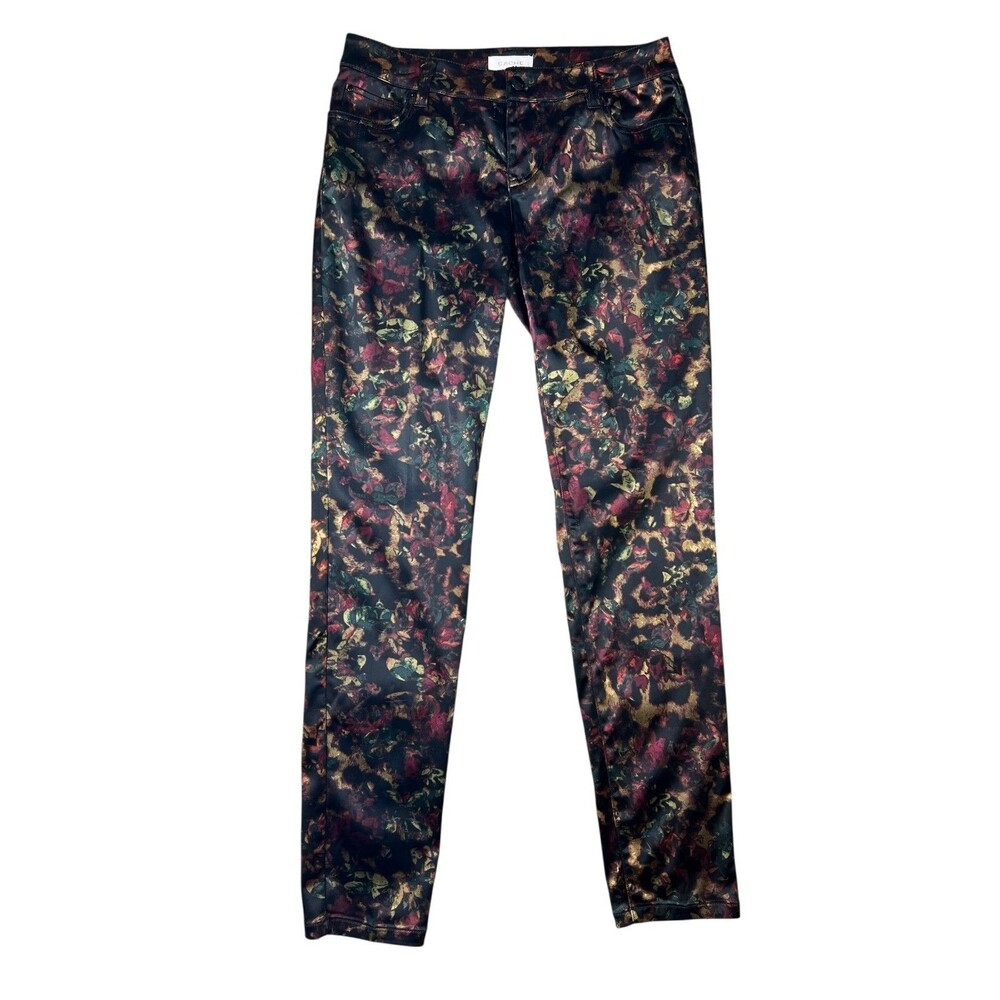 Cache Black Abstract Floral Stretch Satin Lowrise Skinny Ankle Pants Size 4
